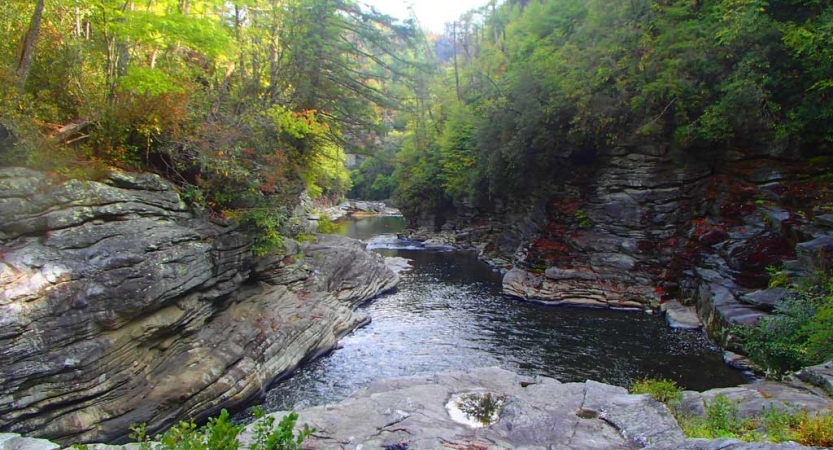 A river flows between rock walls topped with green trees